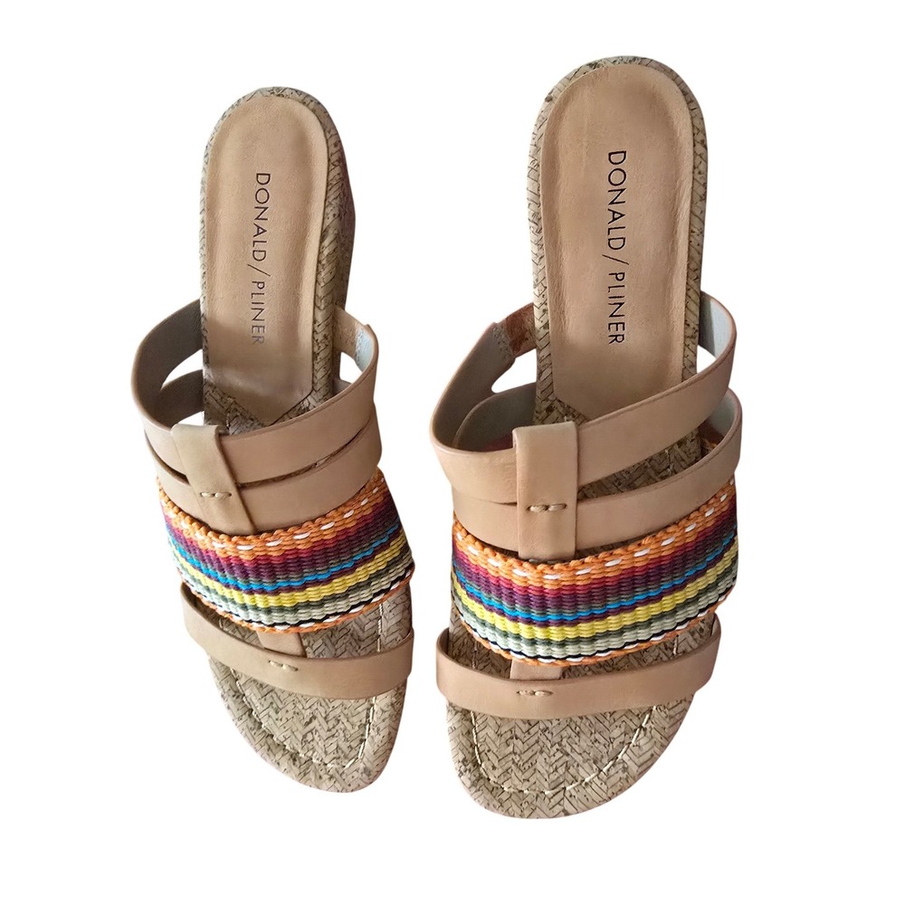 Donald Pliner Womens 7.5M Tan Multi Color Woven Leather Cork Wedge Sandals Italy